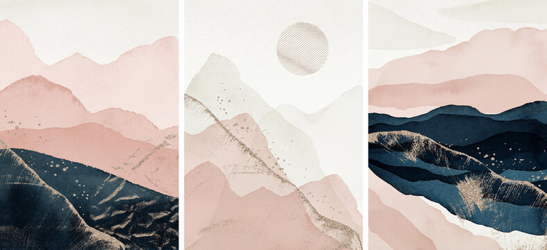 Abstract Arrangements. Landscapes, mountains. Posters. Blush, pink, blue, navy, ivory, beige, gold watercolor Illustration, background. Modern print set. Wall art. Business card. Printable. 