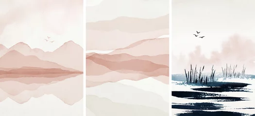 Stof per meter Abstracte arrangementen. Landschappen, bergen. Affiches. Blush, roze, blauw, marineblauw, ivoor, beige aquarel illustratie, op witte achtergrond. Moderne printset. Muur kunst. Visitekaartje. Afdrukbaar. © Veris Studio
