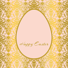 Beautiful vector Pink Easter Egg on pink background with gold honey bees illustration. Decorative greeting card with spring symbols and Happy Easter greeting.