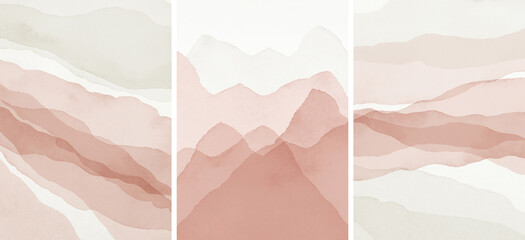 Abstract Arrangements. Landscapes, mountains. Posters. Blush, pink, ivory, beige watercolor Illustration, on white background. Modern print set. Wall art. Business card. Printable. 