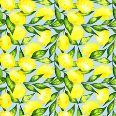 Hand drawn watercolor lemon seamless pattern on blue background. Endless ornament for wrapping paper, wallpaper, fashion, textile, fabric - 419512692