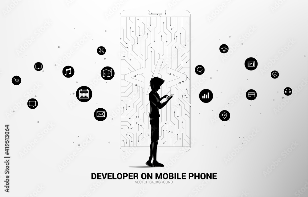 Leinwandbilder man with mobile phone and software development programming tag icon shaped mobile phone with circuit line graphic.Concept for Programming language technology and coding.