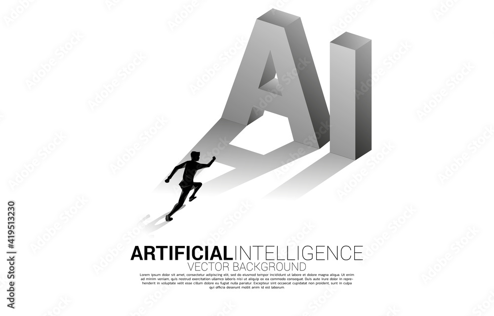 Poster Silhouette of businessman standing with AI text 3D. Business concept for machine learning and a.i artificial intelligence