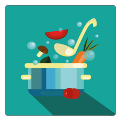 Vector illustration of pan and vegetables.Flat cartoon style.Icon with long shadow. Sign web design, posters, banners.Cooking.Cook.Scoop Red tomato, orange carrot, mushroom, green bay leaf, bubbles.