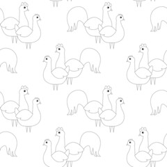Chicken and rooster cartoon seamless monochrome pattern art design element farm animal stock vector illustration for web, for print, for coloring book
