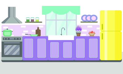cartoon kitcen in vector. lavender kitchen interior