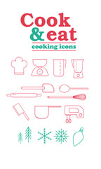 Icones cuisine. 12 icones ustensiles de cuisine et 4 icones festifs.