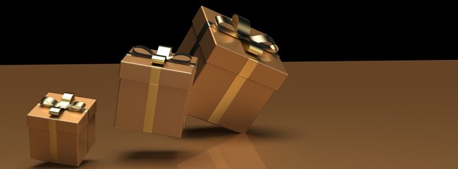 Blown Gold closed gift boxes with gold ribbon on black background. 3D illustration. 3D CG. 3D high quality rendering.