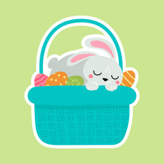 Naklejka premium Cute sticker Easter bunny with eggs. Vector illustration isolated.