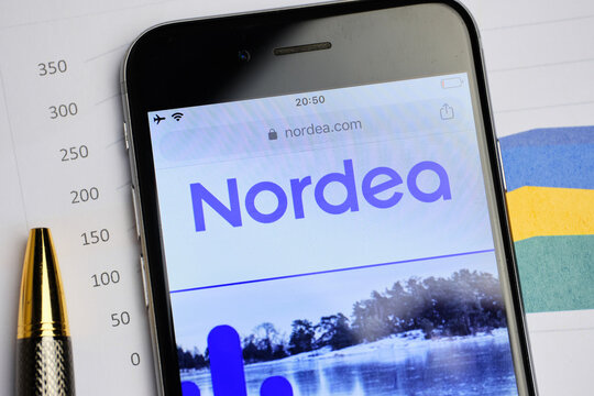 russia, st.petersburg, 14 February 2021 logo Nordea Bank AB on the website screen smartphone. Close up.