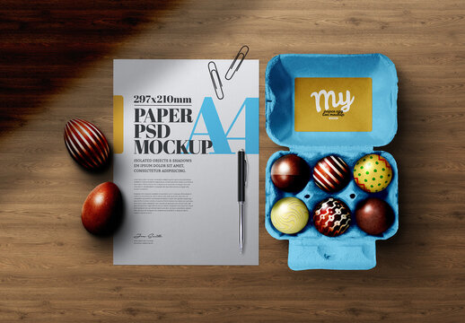 Easter Eggs Mockup - Chocolate, Paper, Box, Carton, Half Dozen, A4
