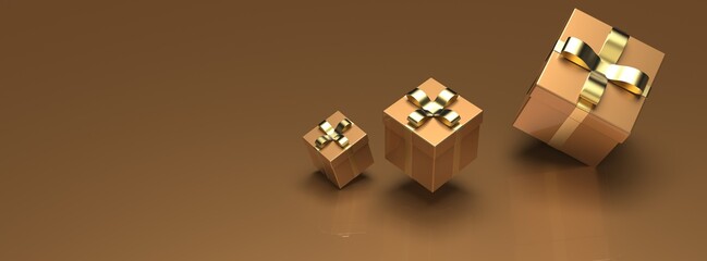 Fototapeta premium Blown Gold closed gift boxes with gold ribbon on black background. 3D illustration. 3D CG. 3D high quality rendering.