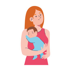 mother lifting baby son characters