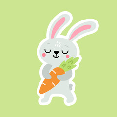Cute Easter bunny with carrot sticker. Vector illustration isolated.