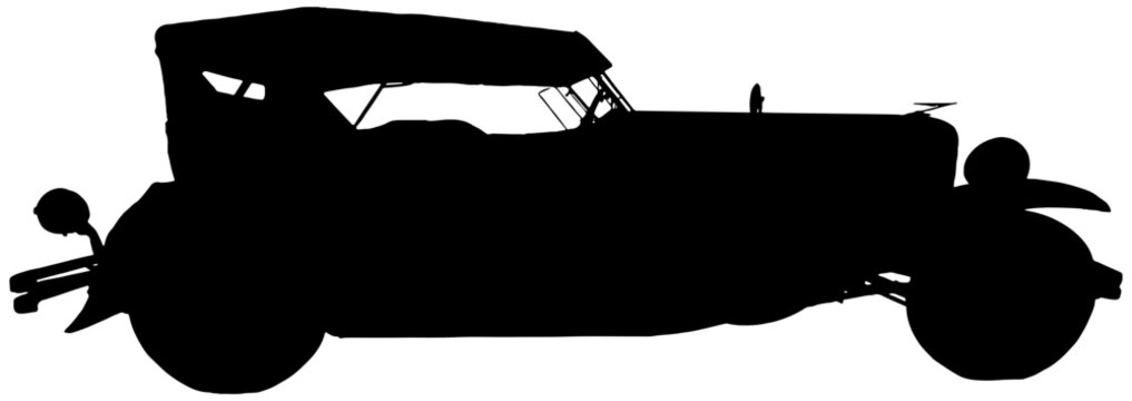 recommend clip art: 1920s antique convertible car silhouette in black on white background 