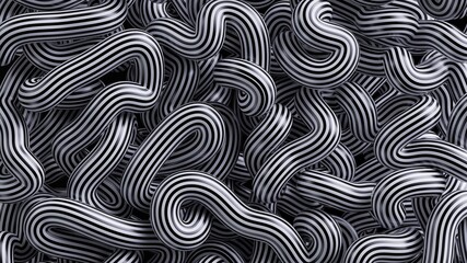 3d render, abstract black and white background with tangled striped tubes, rope or lines © NeoLeo