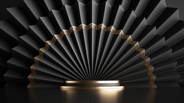 3d render abstract black gold background with empty stage and folded fans. Cylinder podium or vacant pedestal. Shop display, showcase for product presentation