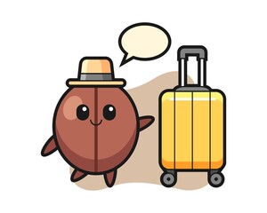 Coffee bean cartoon with luggage on vacation