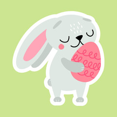 Cute sticker Easter bunny with eggs. Vector illustration isolated.