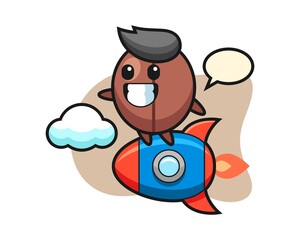 Coffee bean cartoon riding a rocket