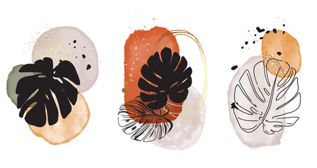 Neutral watercolor shapes, natural colors painting, abstract circles, paint textures. Gold surface, acrylic paint, alcohol ink decoration in Vector , boho rustic textured background