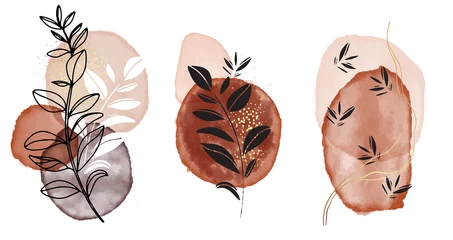 Aquarellmalereiformen Beige Aquarelltinte, pastellneutrale Pastellrahmen, schwarze Silhouette hinterlässt minimalistisches Design. Nude gold erröten geometrisches Design in Vektor, Oberflächendekoration © milatoo