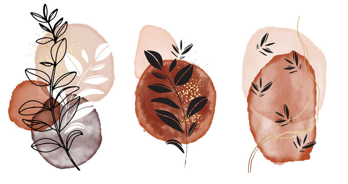 Watercolor painting shapes Beige aquarelle ink, pastel neutral pastel frames, black silhouette leaves minimalistic design. Nude gold blush geometric design in vector , surface decoration