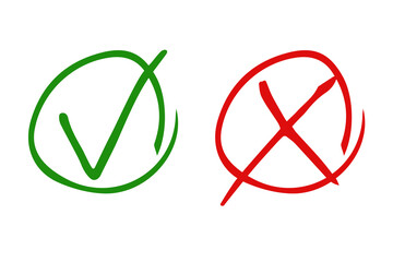 Vector illustration of hand drawn elements. Set of 2 circle checkboxes. Round shapes with tick and cross mark inside isolated on white background. Green "Yes" and red "No" symbols.