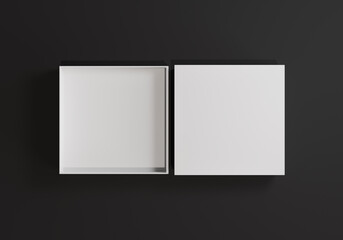Two white boxes on black background. empty opened and closed box. 3d illustration.