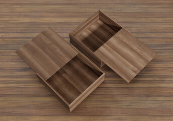 Two wooden square boxes with sliding on wood floor background, 3d illustration.