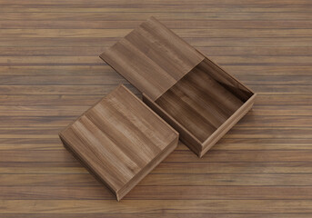 Two wooden square boxes with sliding on wood floor background, 3d illustration.