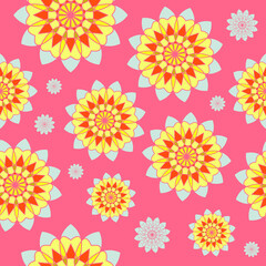 Vector seamless round yellow floral unusual geometric patterns on pink background