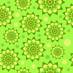 Vector seamless round yellow-green floral unusual geometric patterns on light green background