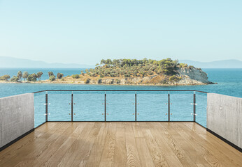 View from the balcony to the sea.Landscape. Sunny Day. Terrace with a beautiful view. Background...