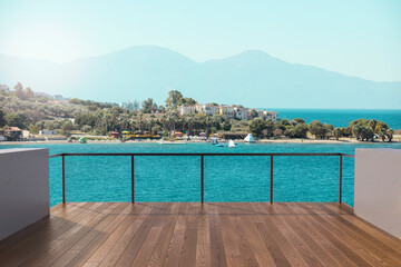 Fototapeta na wymiar View from the balcony to the sea.Landscape. Sunny Day. Terrace with a beautiful view. Background with beautiful landscape. City near the sea.