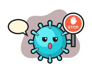 Virus cartoon holding a stop sign