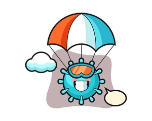Virus cartoon is skydiving with happy gesture