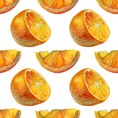 Seamless pattern watercolor citrus fruit orange slice on white background. Hand-drawn summer food object for menu, sticker, wrapping, card, wallpaper, celebration