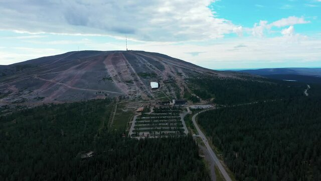 Aerial view of the mountain bike slopes of Yllastunturi fell, summer day, in Yllas, Lapland - tracking, drone shot