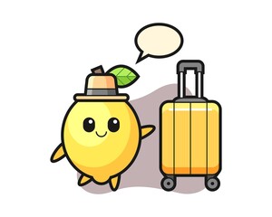 Lemon cartoon illustration with luggage on vacation