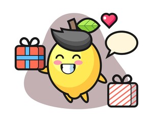 Naklejka premium Lemon mascot cartoon giving the gift