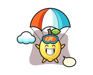 Lemon mascot cartoon is skydiving with happy gesture