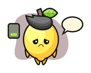 Lemon mascot character doing a tired gesture