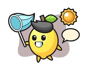 Lemon mascot illustration  is catching butterfly