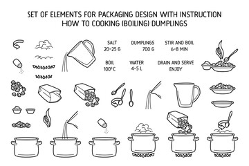 Cooking dumplings. lineart icons for instruction culinary dumpling