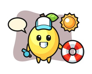 Cartoon mascot of lemon as a beach guard