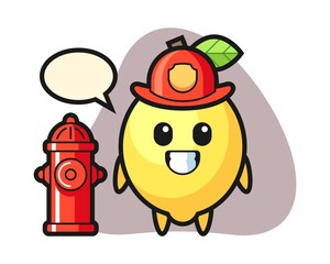 Mascot character of lemon as a firefighter