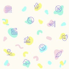 pattern on the theme of packaging symbol, recycling, organic, fresh, natural, vegan, zero waste, fabric and more. simple color icons on beige background.