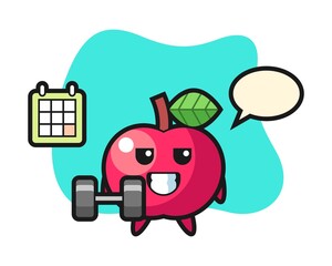 Apple mascot cartoon doing fitness with dumbbell