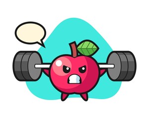Apple mascot cartoon with a barbell